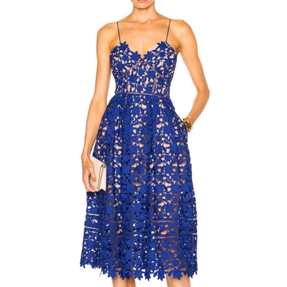Self-Portrait Blue Sleeveless Midi Dress with Sweetheart Neckline
